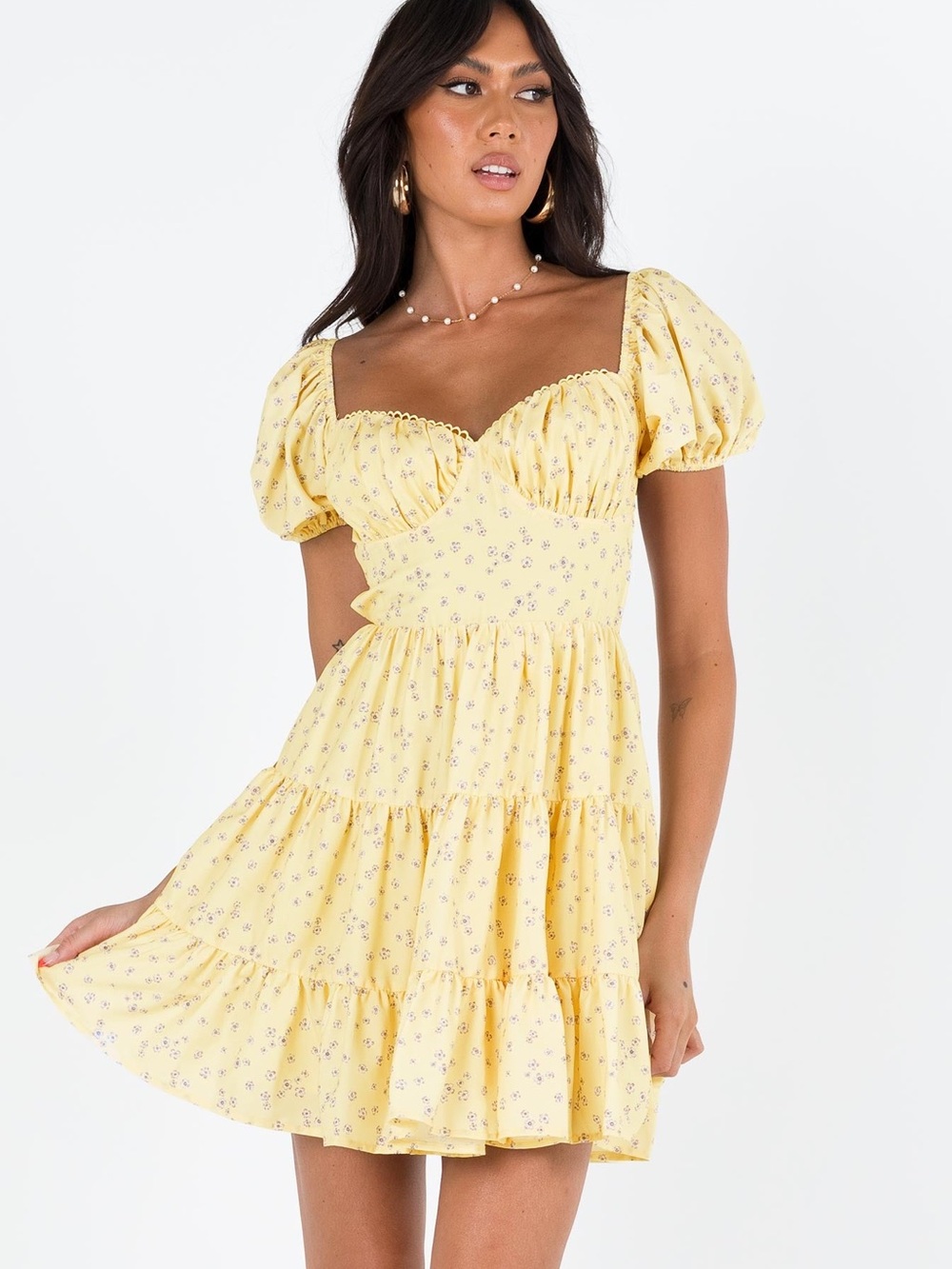 Princess Polly Yellow Floral Puff-Sleeve Mini Dress